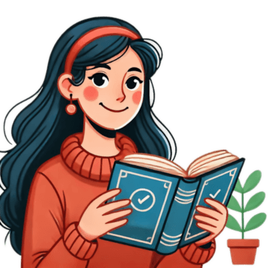 a smiling person is reading a book held in front of her